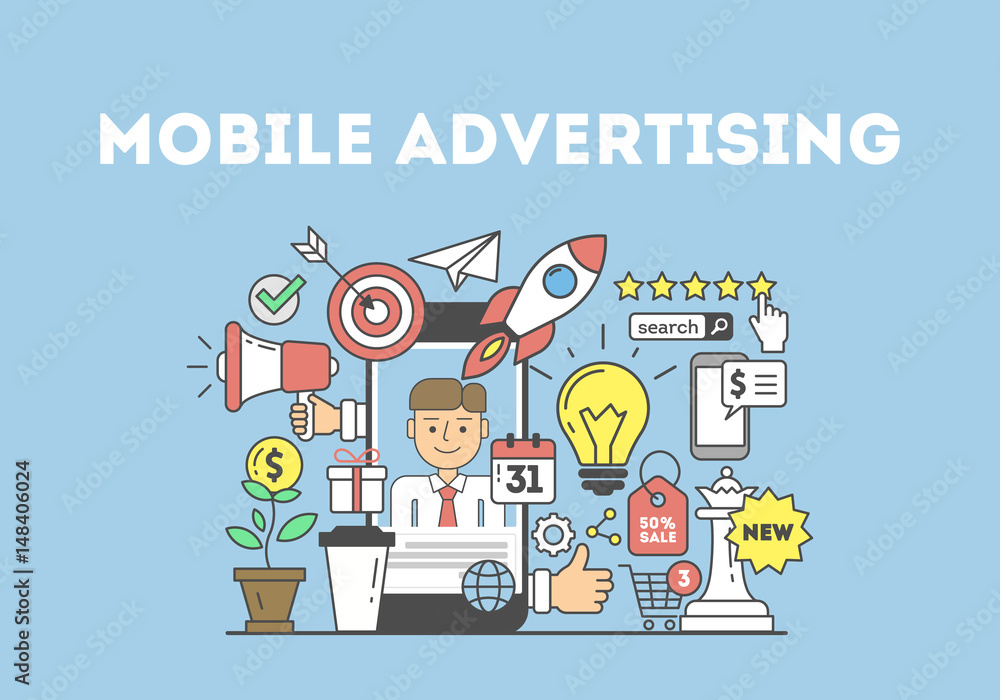 Mobile advertising illustration. Signs and icons on bluekground.