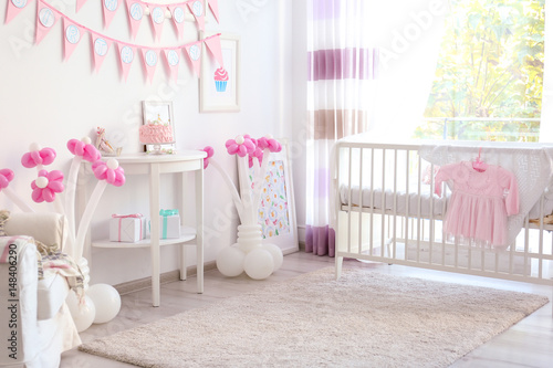 Interior of child's room decorated for birthday celebration