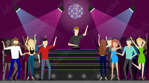 Night club dance. People dancing at the dance floor and dj plays music.