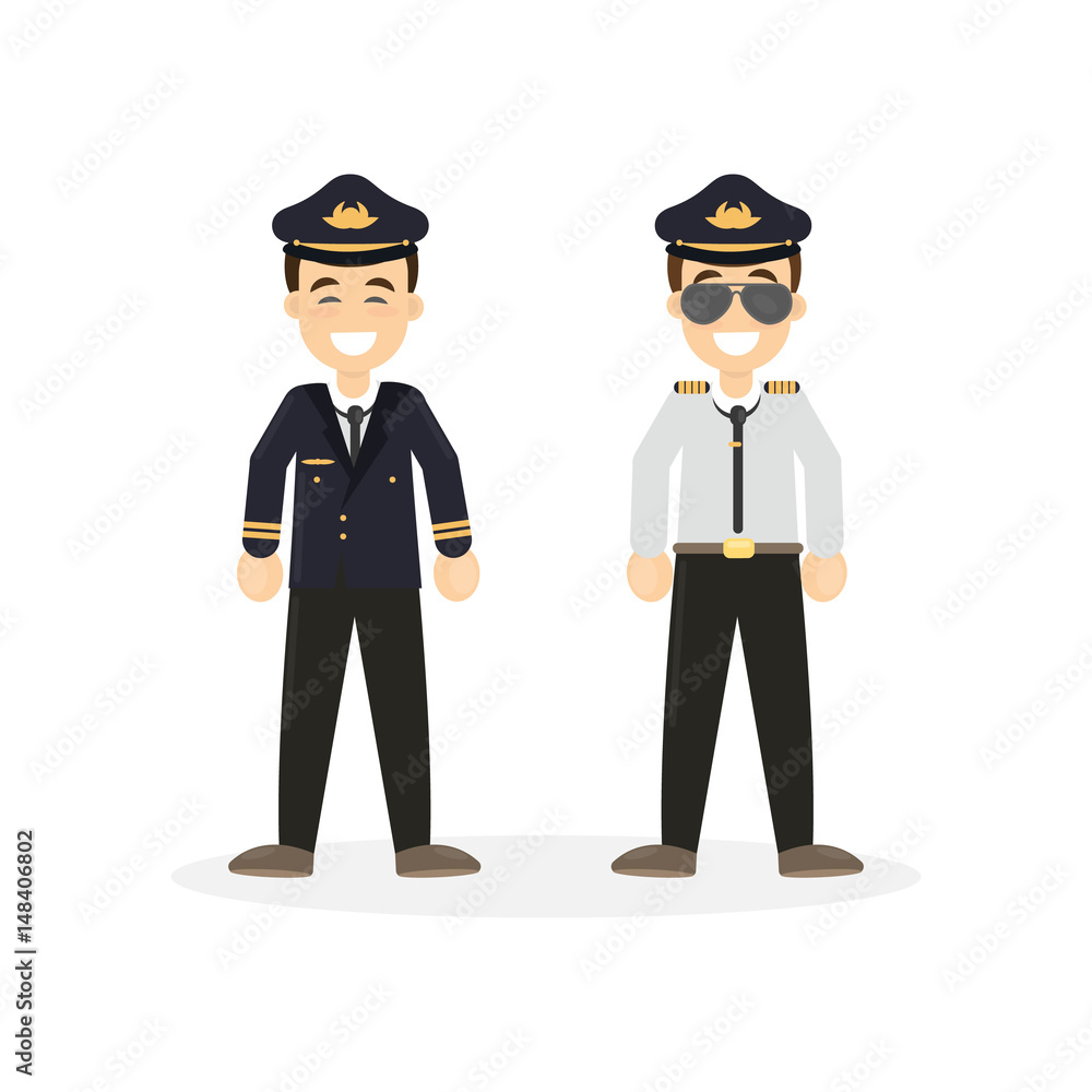 Two isolated pilots on white background. Flying attendants.