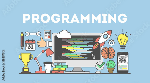 Programming concept illustration. Signs and icons on blue background.