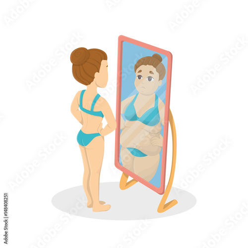 Fat and skinny woman in the mirrors. Concept of anorexia and bulimia.