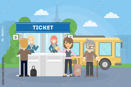 Buying bus tickets. People in queue outside.