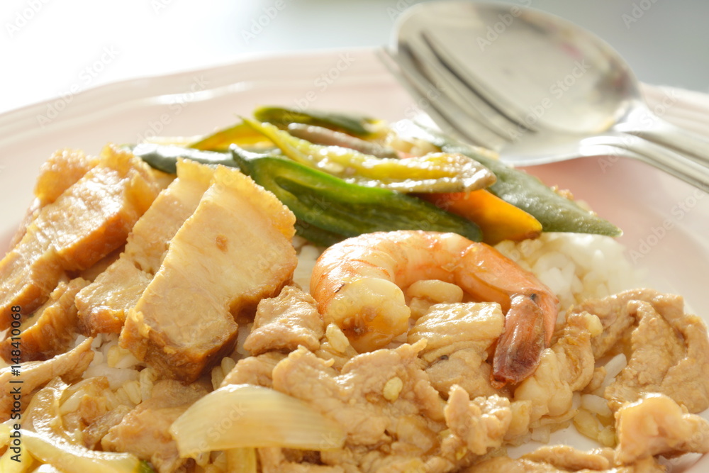 spicy stir fried shrimp and pork with sweet long chili on rice spicy stir fried shrimp and pork with sweet long chili on rice