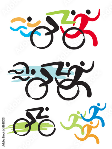 Triathlon competitors icons.
Stylized colorful Illustration of Triathlon athletes. Vector available.