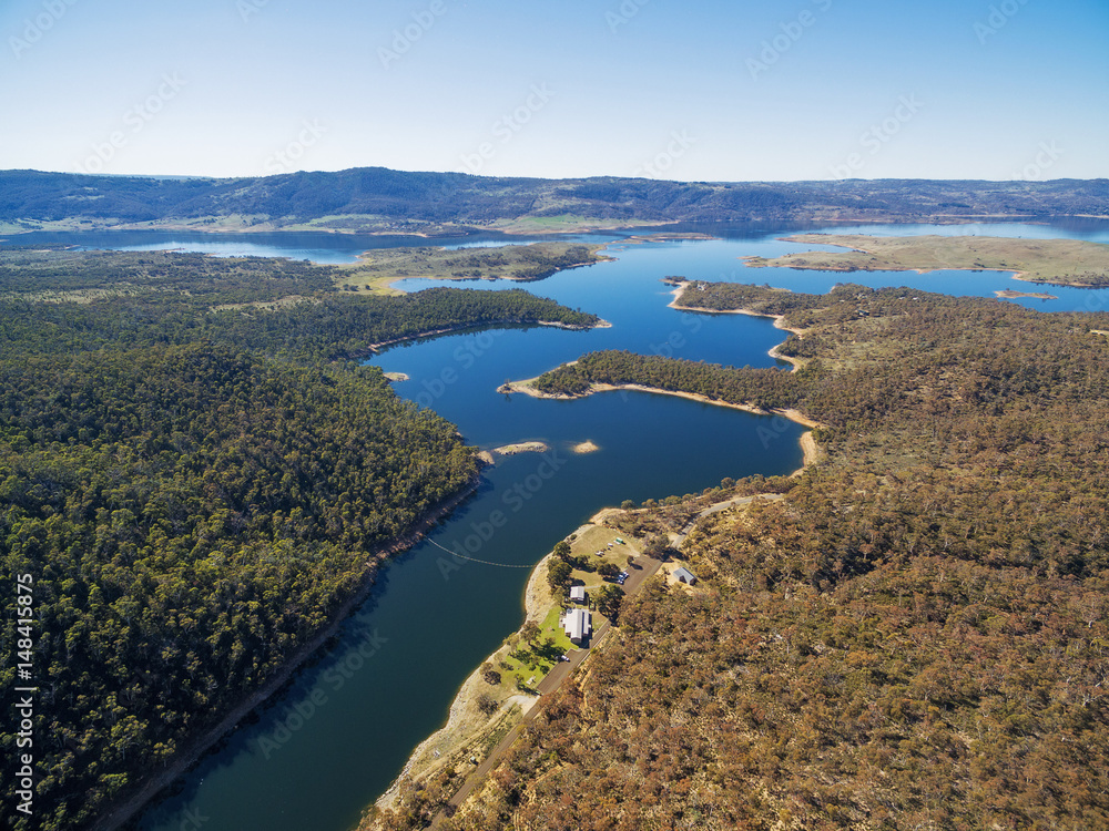 Aerial view of Snowy River flowing into Lake Jindabyne, New South Wales, Australia Aerial view of Snowy River flowing into Lake Jindabyne, New South Wales, Australia
