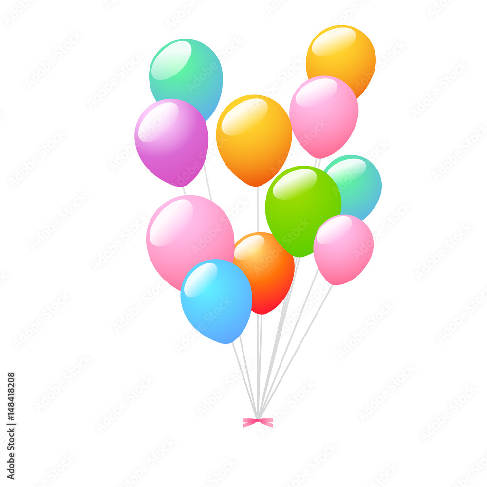 3d Realistic Colorful Bunch of Birthday Balloons Flying for Party and Celebrations With Space for Message Isolated in White Background. Vector Illustration