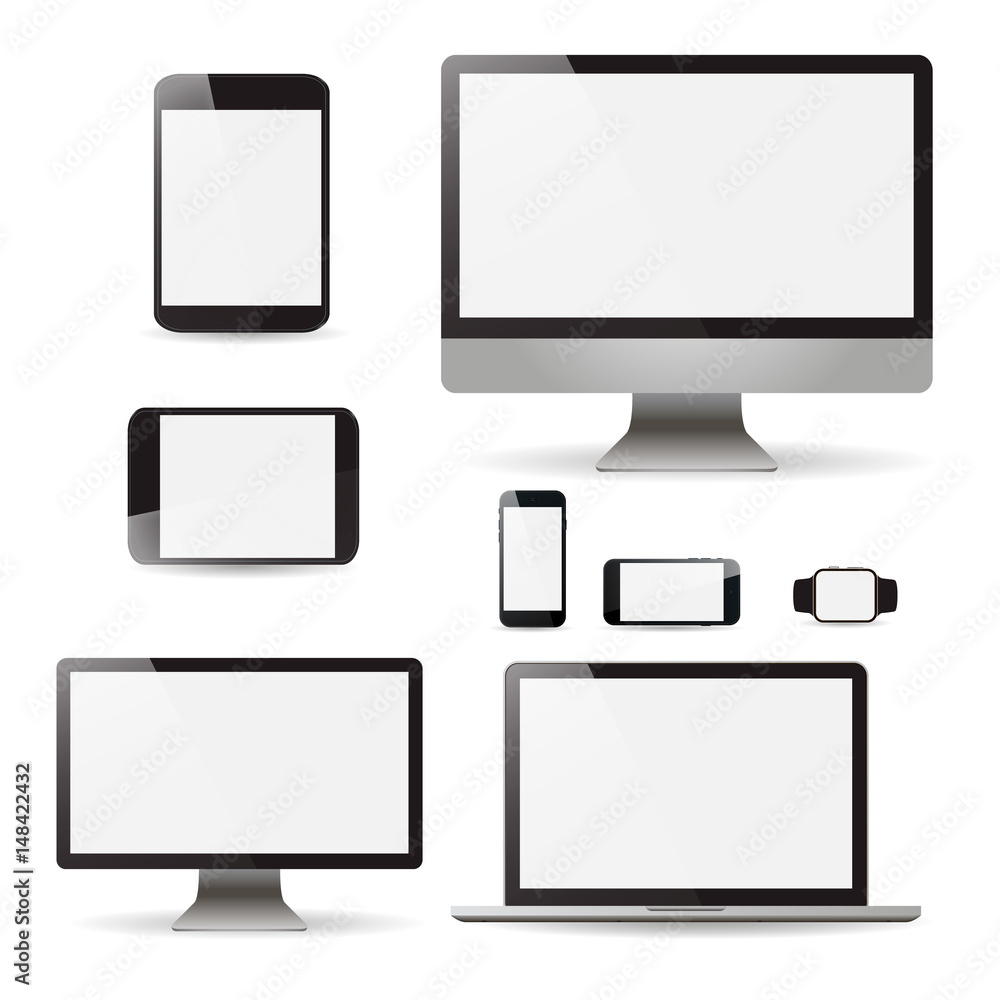 Mockup set realistic Monitors laptop tablet and phone vector illustration Mockup set realistic Monitors laptop tablet and phone vector illustration