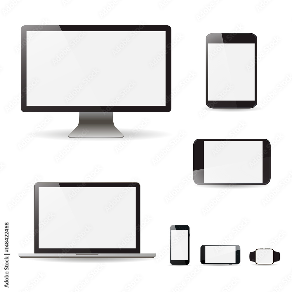 Mockup set realistic Monitors laptop tablet and phone vector illustration Mockup set realistic Monitors laptop tablet and phone vector illustration