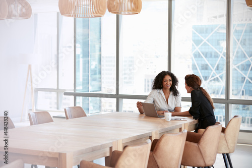 Two Businesswomen Using Laptop In Boardroom Meeting