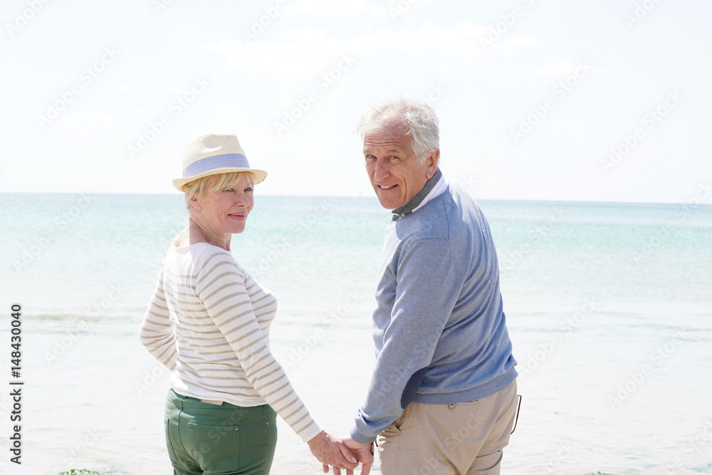 Senior couple enjoying walking day at the beach