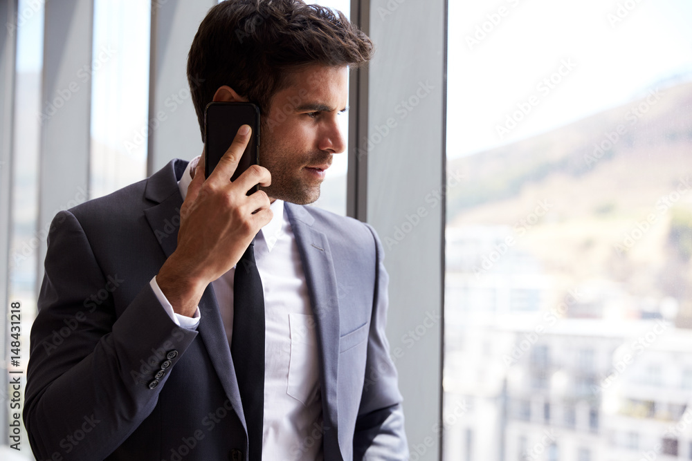 Businessman Making Phone Call Standing By Office Window Businessman Making Phone Call Standing By Office Window