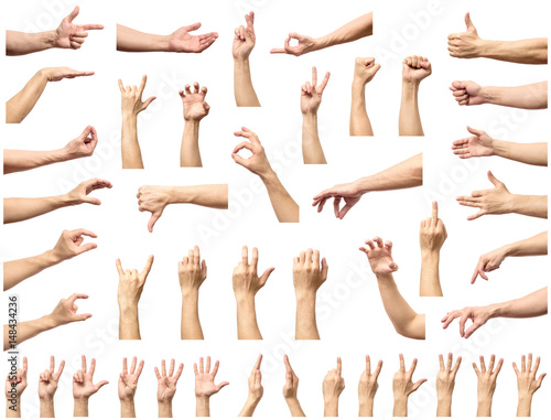 Multiple male caucasian hand gestures isolated over the white background photo