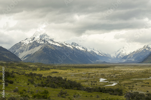 Mount Cook green valley in a cloudy  rainy day  