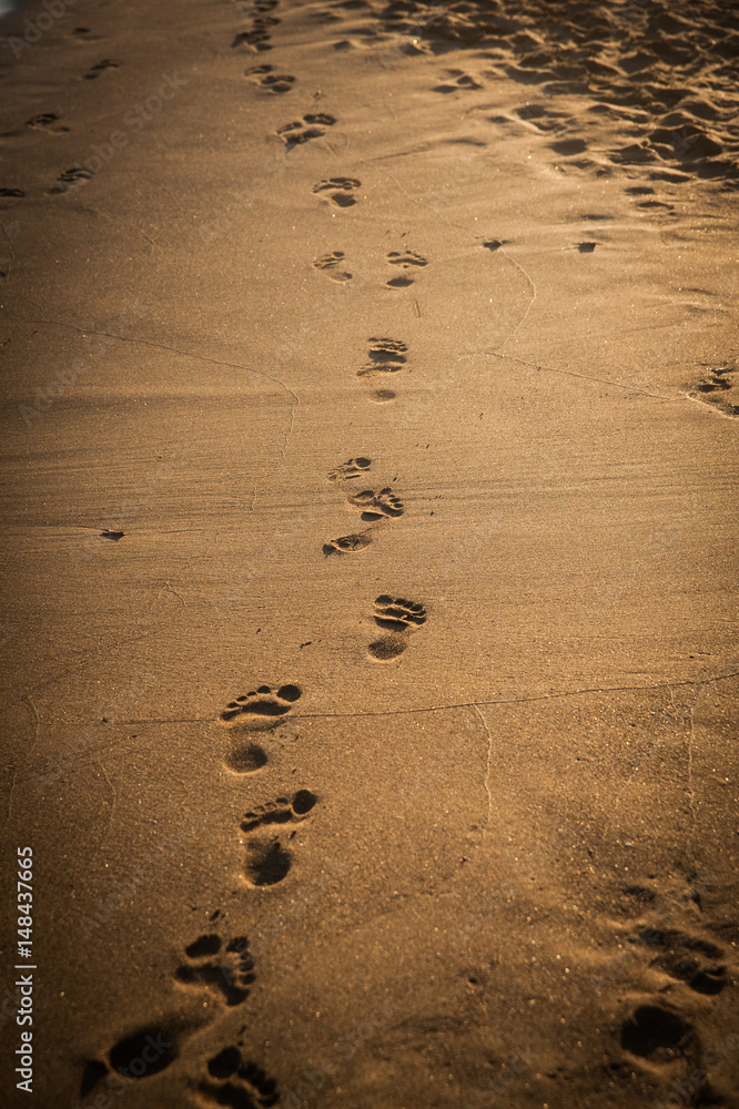 Footprints on the sand, beach in the afternoon sun. Find your path