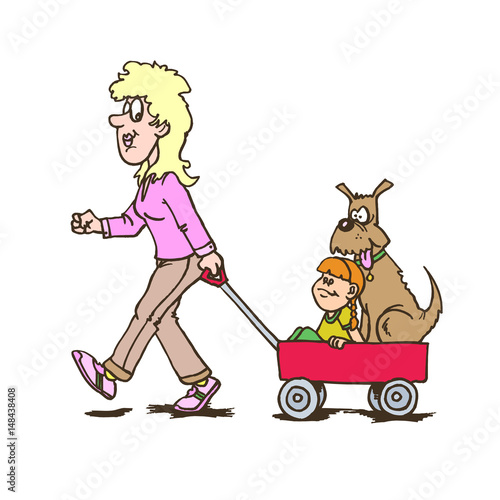 mother with children carriage walking with dog and child. Creative vector illustration.