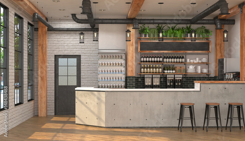 Modern design of the bar in loft style.  3D visualization of the interior of a cafe with a bar counter. photo