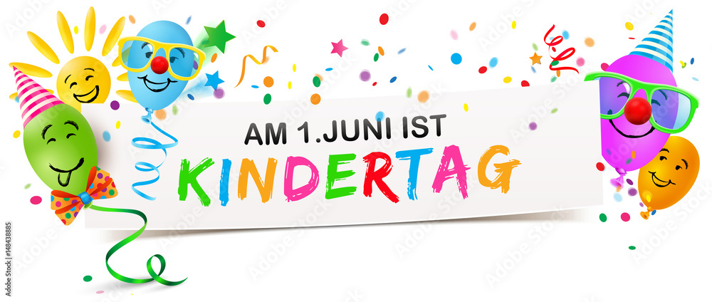 Am 1.Juni ist Kindertag - Banner mit bunten lustigen Luftballon Gesichter, Sonne und Konfetti 