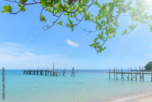 Beautiful sandy and old bridge in the water,Tree top view and sunlight of koh samet thailand