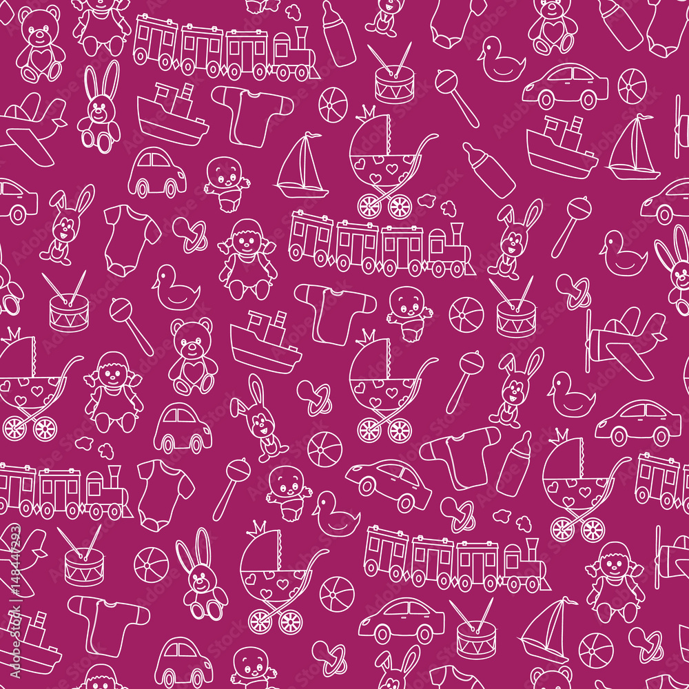Seamless pattern from toys and clothes. A vector picture on children's subject.