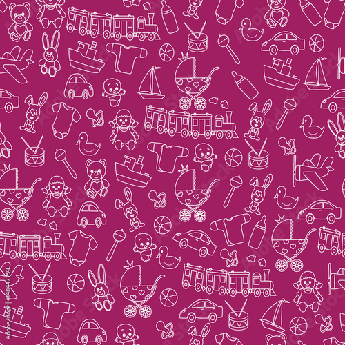 Seamless pattern from toys and clothes. A vector picture on children's subject.