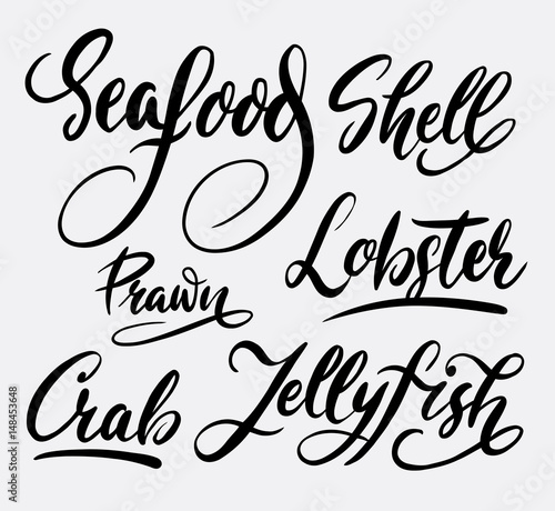 Seafood and lobster hand written typography. Good use for logotype, symbol, cover label, product, brand, poster title or any graphic design you want. Easy to use or change color
