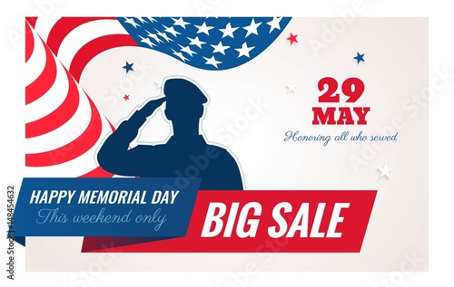 Happy Memorial Day sale banner. Holiday background with waving flag, soldier silhouette and text. Vector flat illustration