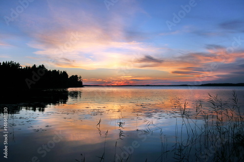 Beautiful sunset on lake. Karelia