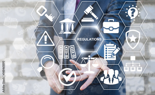 Regulations Compliance Rules Law Standard Business Concept. Businessman offers regulation text icon on virtual screen. Justice security people web network judicial internet technology. Judge service.