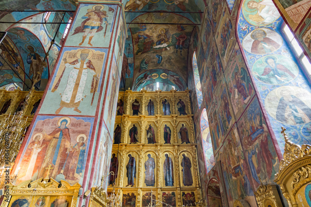 SERGIEV POSAD, RUSSIA - APRIL 26, 2017: Interior of the ensemble of orthodox buildings of the Holy Trinity Saint-Sergius Lavra

