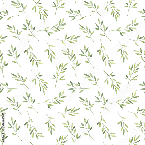Hand drawn watercolor illustration. Botanical background with green leaves, branches and herbs. Floral Design elements. Perfect for wedding invitations, greeting cards, textiles, prints, posters © Kate Macate
