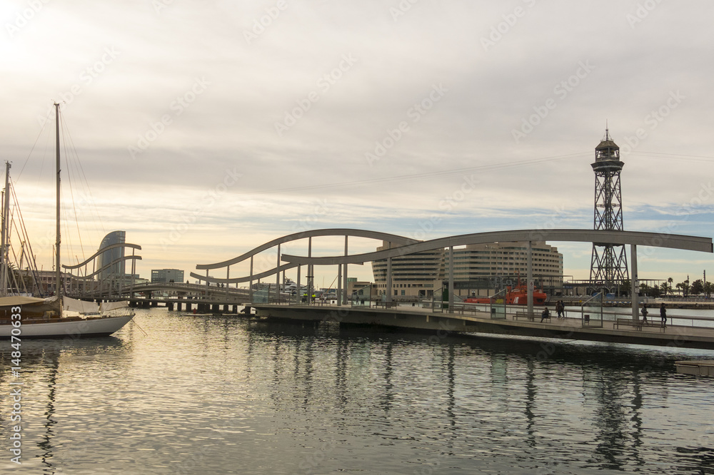 Sunrise at the port of Barcelona, at the end of the Ramblas. Barcelona, Spain