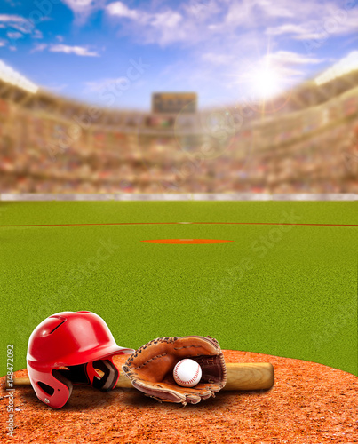Sunset on Baseball Stadium With Equipment and Copy Space