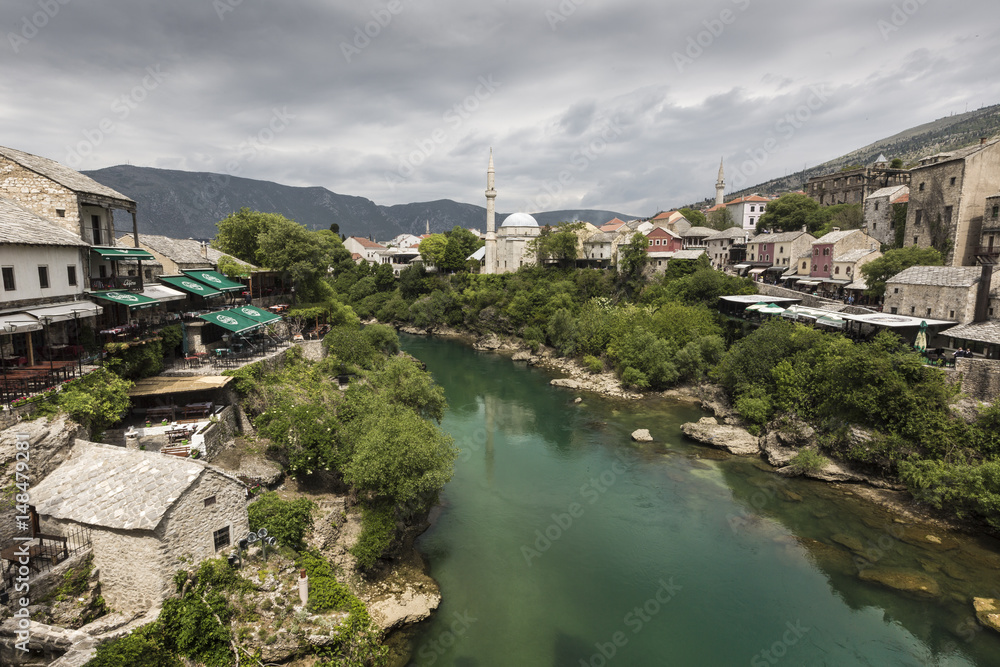 Panorama from The Old Bridge in Mostar in a beautiful summer day, Bosnia and Herzegovina.