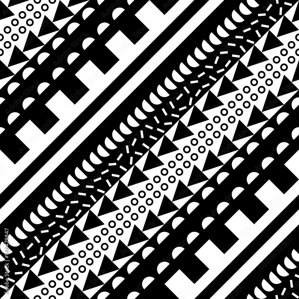 Seamless geometric pattern. Repeating ethnic ornamental design. Zigzag and stripe shapes line. Modern black and white texture