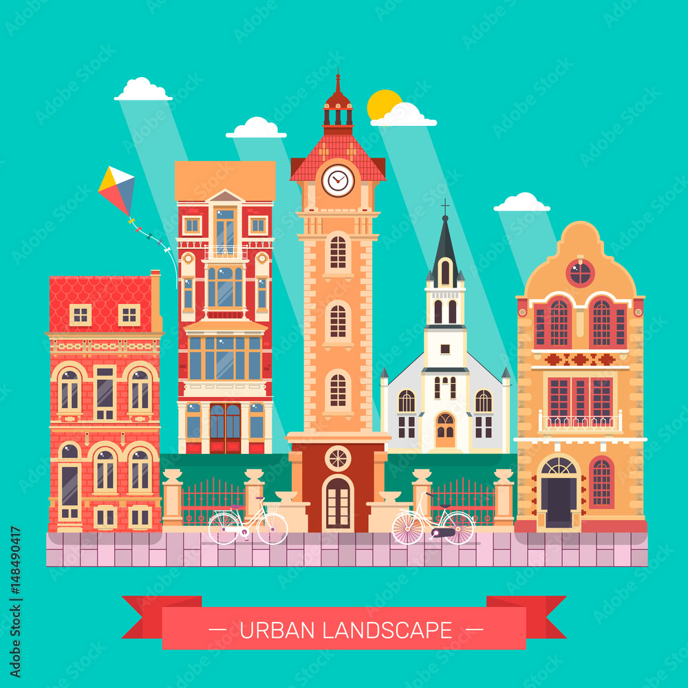 Flat design urban landscape and city life Building icon