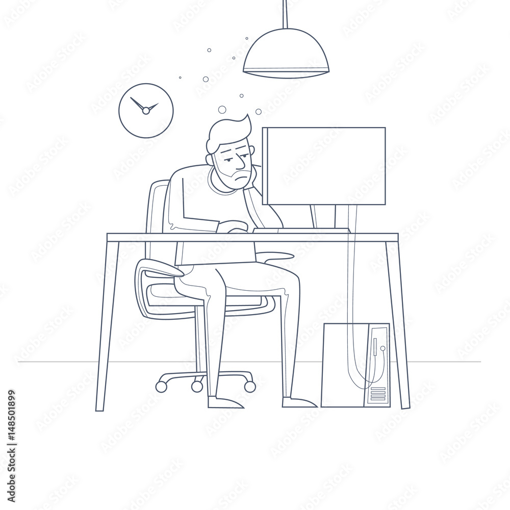 Tired employee sitting at a desk in the office. Thin line. Flat vector illustration in cartoon style.