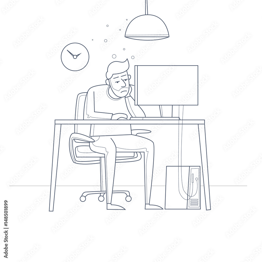 Tired employee sitting at a desk in the office. Thin line. Flat vector illustration in cartoon style. Tired employee sitting at a desk in the office. Thin line. Flat vector illustration in cartoon style.