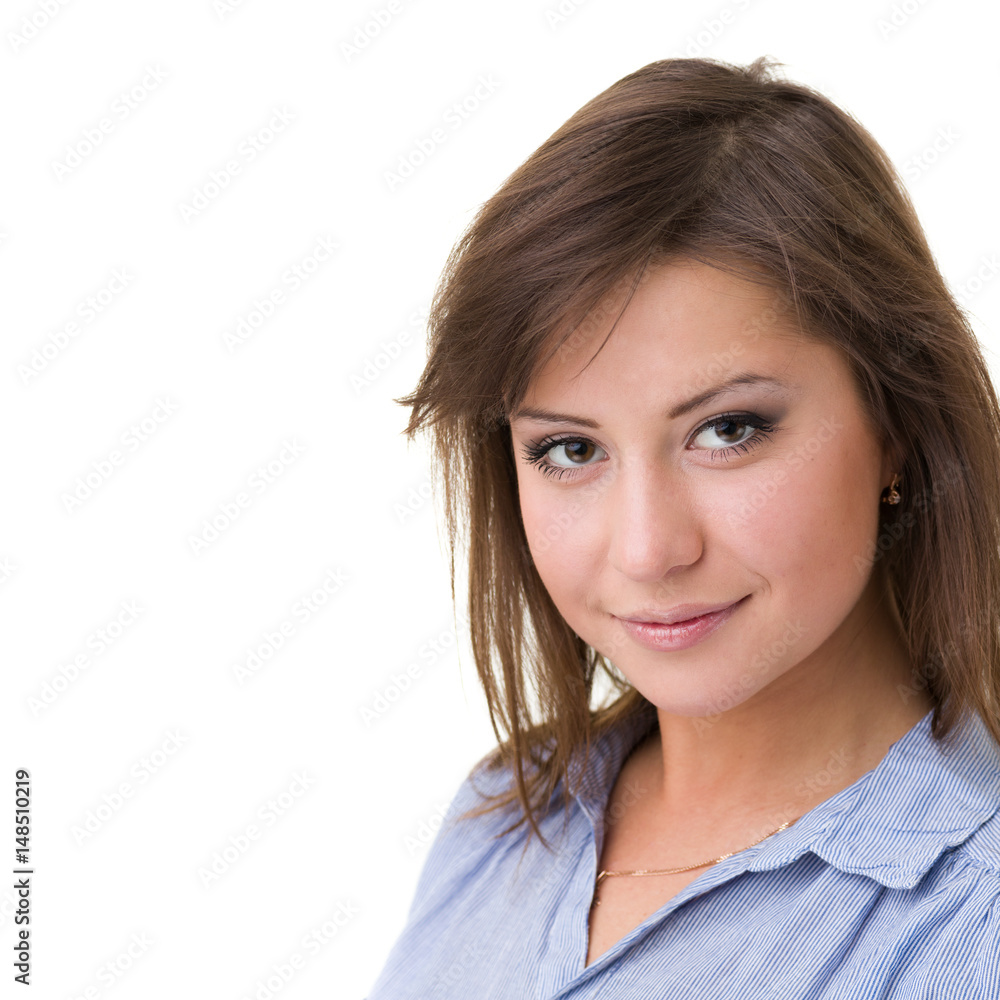 Closeup portrait of dreamy woman isolated on white Closeup portrait of dreamy woman isolated on white