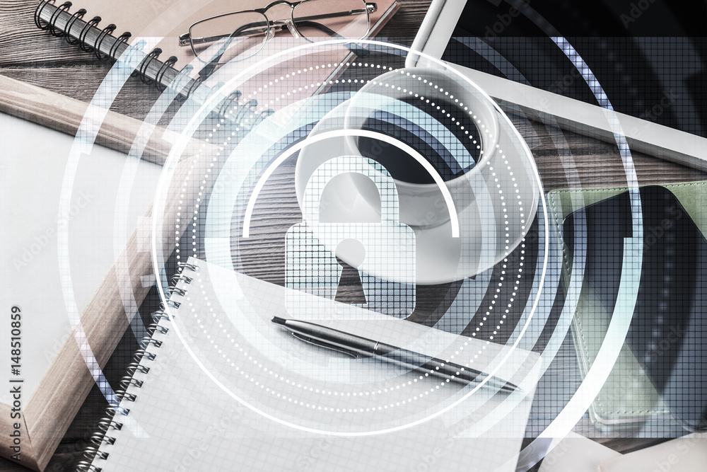 Business workplace with tablet pc and security concept Business workplace with tablet pc and security concept
