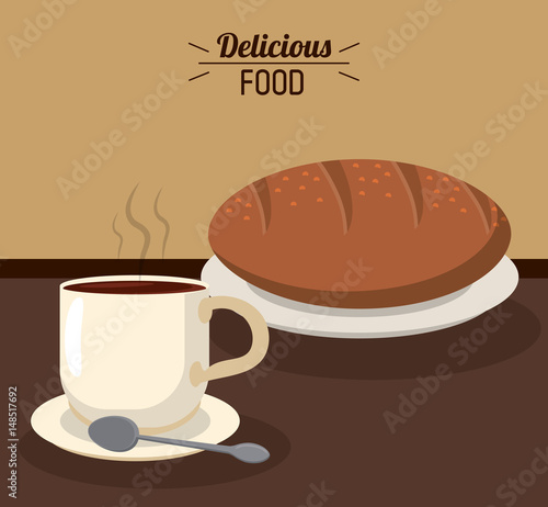 delicious food bread fresh coffee cup hot spoon vector illustration