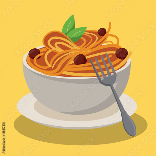 bowl spaghetti and meatballs sauce food fresh vector illustration