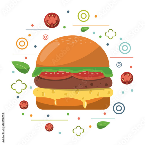fast food hamburger cheese tomato lettuce poster vector illustration