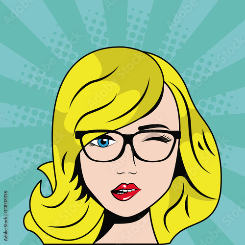 blonde woman wink glasses pop art comic vector illustration