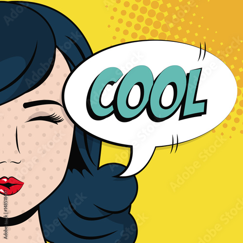 girl wink blue hair bubble speech pop art vector illustration