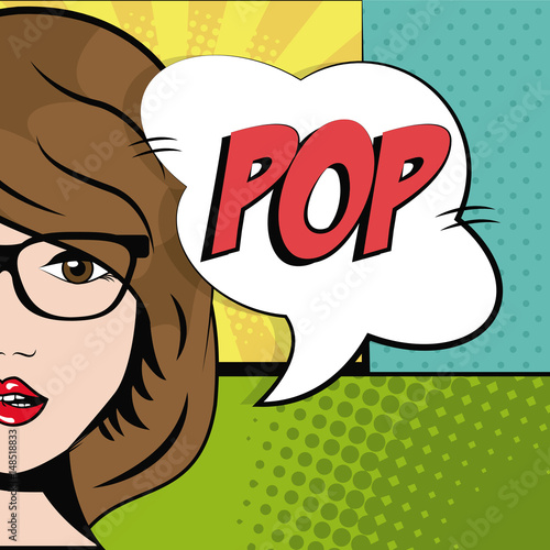 comic brunette girl glasses bubble speech pop art vector illustration