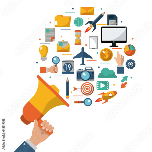 hand holding megaphone advert commercial marketing vector illustration