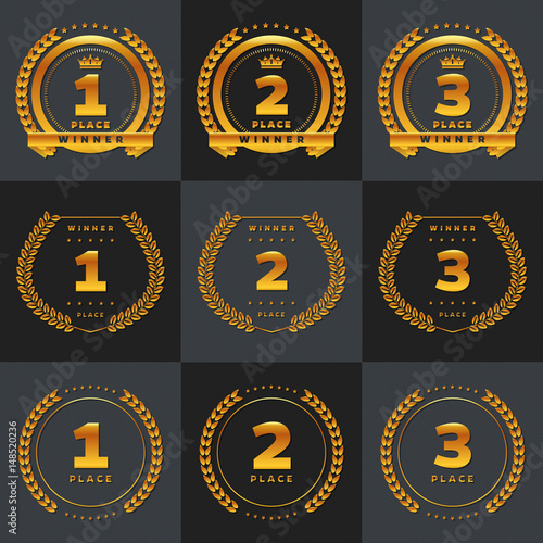 1st, 2ns, 3rd place logo's with laurels and ribbons. Vector illustration.