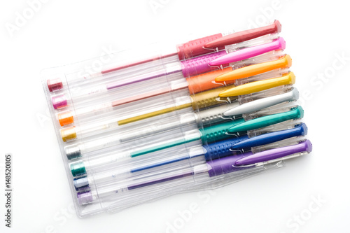 Colorful gel pen on white background