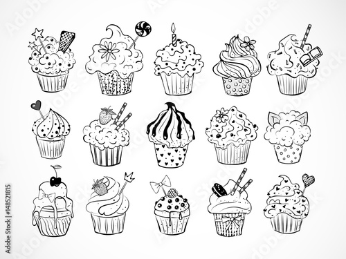 Set of doodle sketch cupcakes with decorations on white background. Vector illustration.